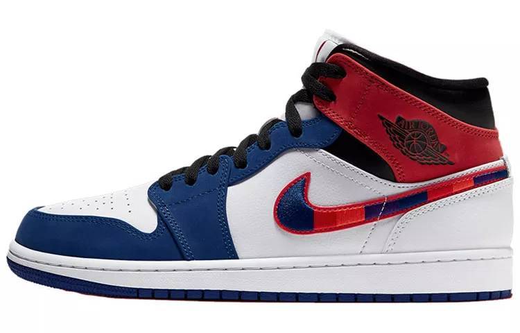 乔丹 Air Jordan 1 Mid Multi Swoosh 白蓝红 彩钩 篮球鞋#说唱同款 AJ1 中帮 852542-146