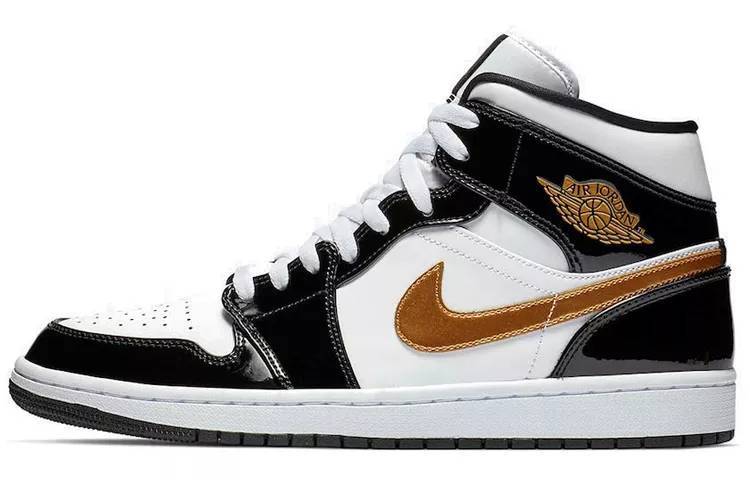 乔丹 Air Jordan 1 Mid Patent Black White Gold 漆皮 小黑金#说唱同款 AJ1 中帮 852542-007