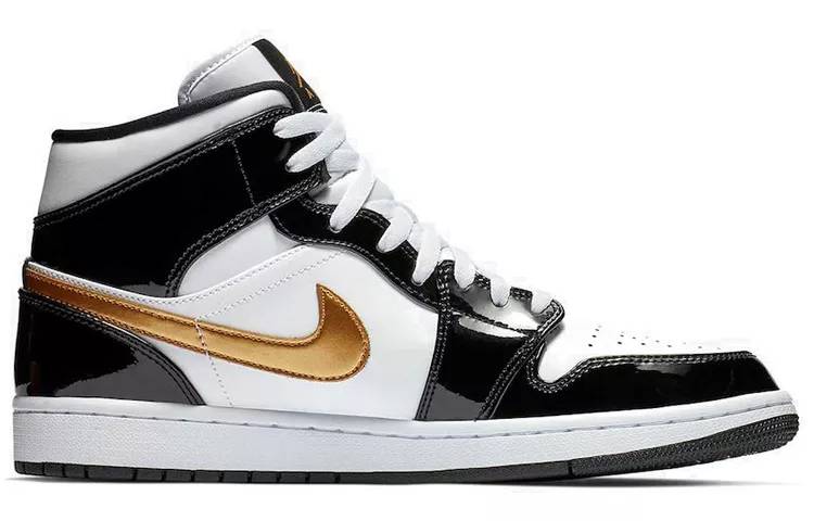 乔丹 Air Jordan 1 Mid Patent Black White Gold 漆皮 小黑金#说唱同款 AJ1 中帮 852542-007