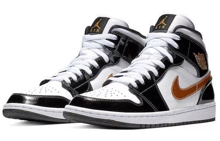 乔丹 Air Jordan 1 Mid Patent Black White Gold 漆皮 小黑金#说唱同款 AJ1 中帮 852542-007