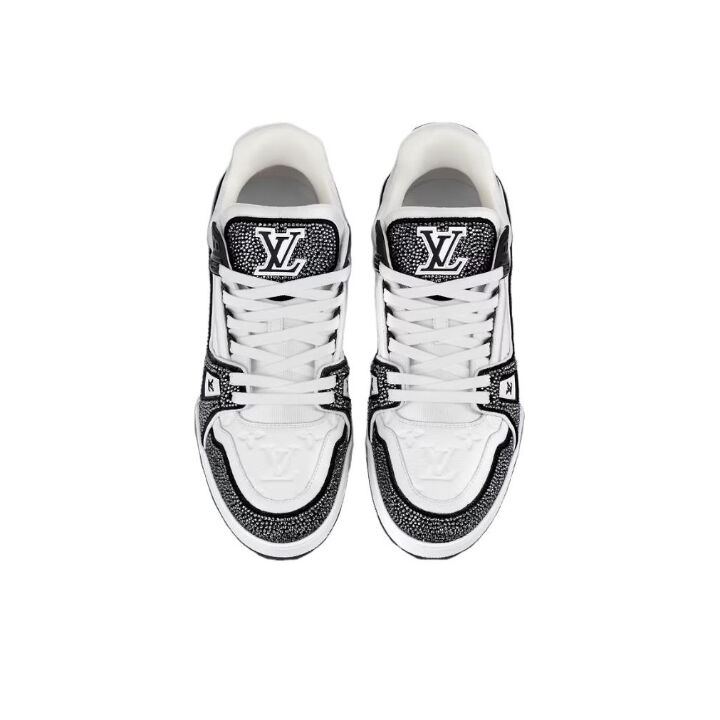 LOUIS VUITTON Trainer 皮革 水晶 低帮系带 板鞋 男女同款 黑白色 1ABM04