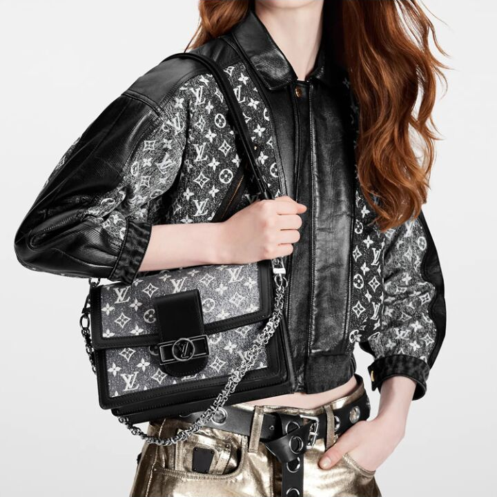 OUIS VUITTON Dauphine MM经典老花 织物拼牛皮革饰边 手提单肩包 中号 女款 灰色