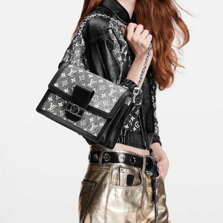 OUIS VUITTON Dauphine MM经典老花 织物拼牛皮革饰边 手提单肩包 中号 女款 灰色
