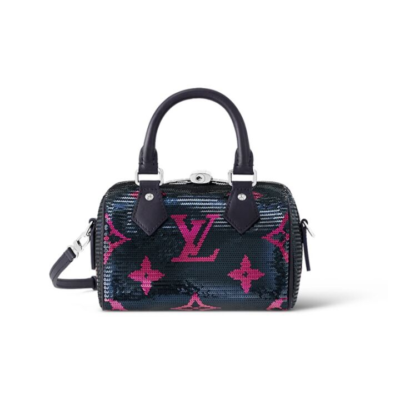 LOUIS VUITTON Speedy 18 字母徽标拉链开合 亮片皮革 旅行包单肩斜挎手提包 女款 黑色拼粉色 SS24新品