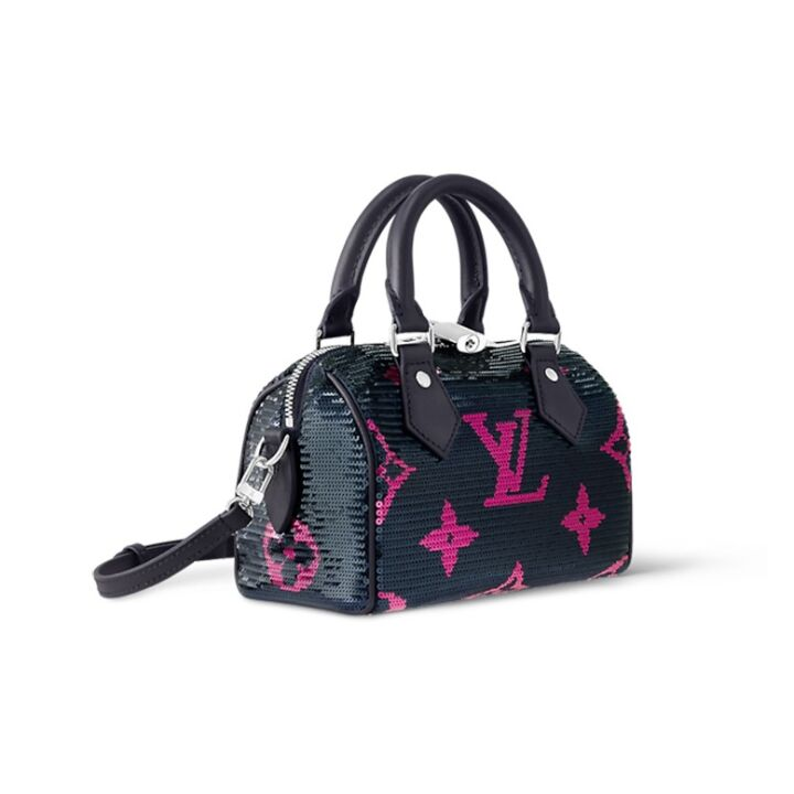 LOUIS VUITTON Speedy 18 字母徽标拉链开合 亮片皮革 旅行包单肩斜挎手提包 女款 黑色拼粉色 SS24新品