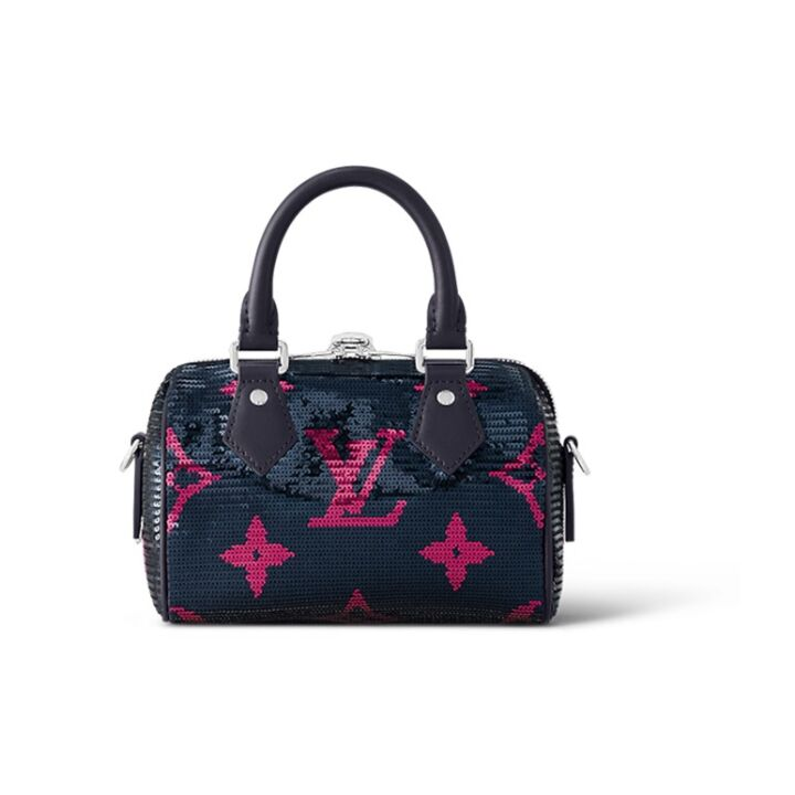 LOUIS VUITTON Speedy 18 字母徽标拉链开合 亮片皮革 旅行包单肩斜挎手提包 女款 黑色拼粉色 SS24新品