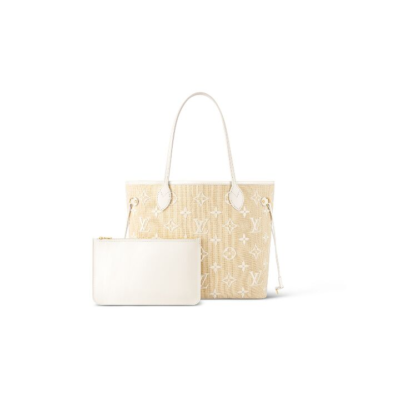 LOUIS VUITTON NEVERFULL 夏日限定水彩系列字母图案印花钩扣开合 棉质 托特包Tote包购物袋手提包 中号 女款 自然色
