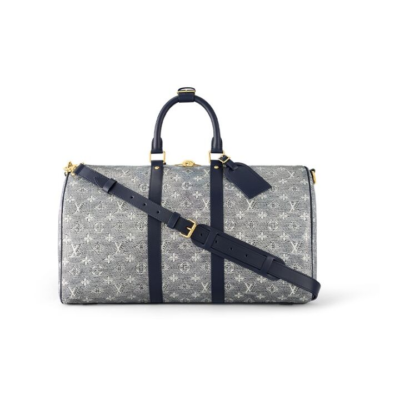 LOUIS VUITTON keepall Bandoulière 45 可拆卸可调节肩带拉链开合 涂层帆布 单肩斜挎手提旅行包 女款 灰色/海军蓝