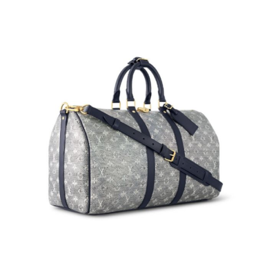 LOUIS VUITTON keepall Bandoulière 45 可拆卸可调节肩带拉链开合 涂层帆布 单肩斜挎手提旅行包 女款 灰色/海军蓝