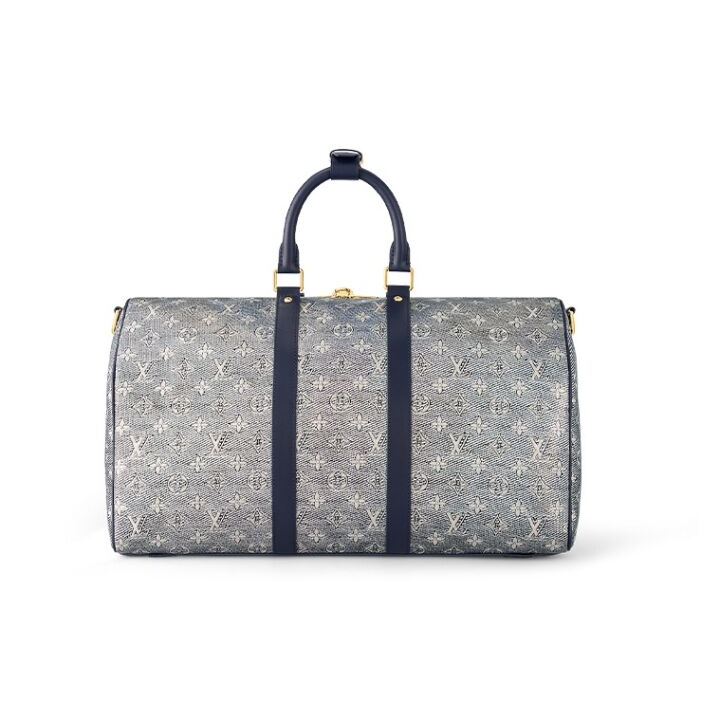 LOUIS VUITTON keepall Bandoulière 45 可拆卸可调节肩带拉链开合 涂层帆布 单肩斜挎手提旅行包 女款 灰色/海军蓝