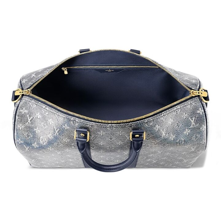 LOUIS VUITTON keepall Bandoulière 45 可拆卸可调节肩带拉链开合 涂层帆布 单肩斜挎手提旅行包 女款 灰色/海军蓝