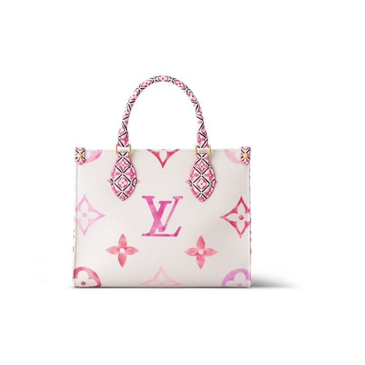LOUIS VUITTON ONTHEGO 夏日限定水彩可拆卸调节肩带图案压花 帆布 托特包Tote包购物袋手提包 小号 女款 白色/粉色