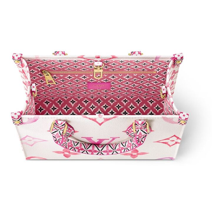LOUIS VUITTON ONTHEGO 夏日限定水彩可拆卸调节肩带图案压花 帆布 托特包Tote包购物袋手提包 小号 女款 白色/粉色