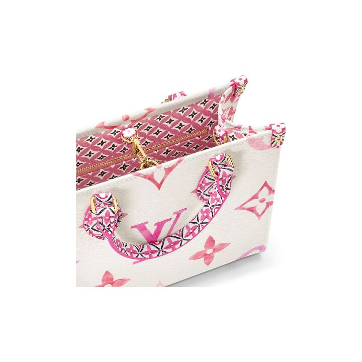 LOUIS VUITTON ONTHEGO 夏日限定水彩可拆卸调节肩带图案压花 帆布 托特包Tote包购物袋手提包 小号 女款 白色/粉色