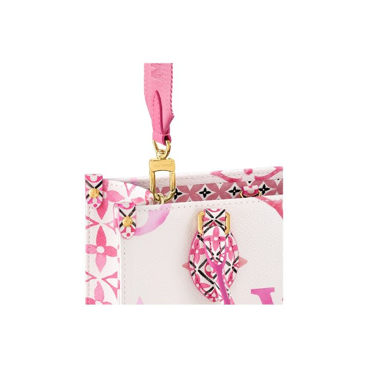 LOUIS VUITTON ONTHEGO 夏日限定水彩可拆卸调节肩带图案压花 帆布 托特包Tote包购物袋手提包 小号 女款 白色/粉色