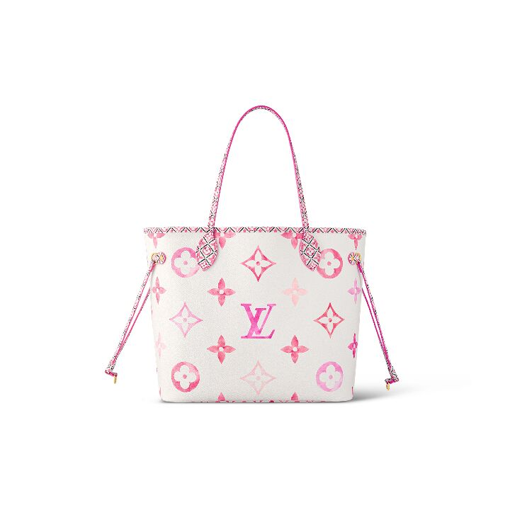 LOUIS VUITTON NEVERFULL 夏日限定水彩系列 字母图案印花 涂层帆布 托特包Tote包购物袋手提包 中号 女款 白色/粉色