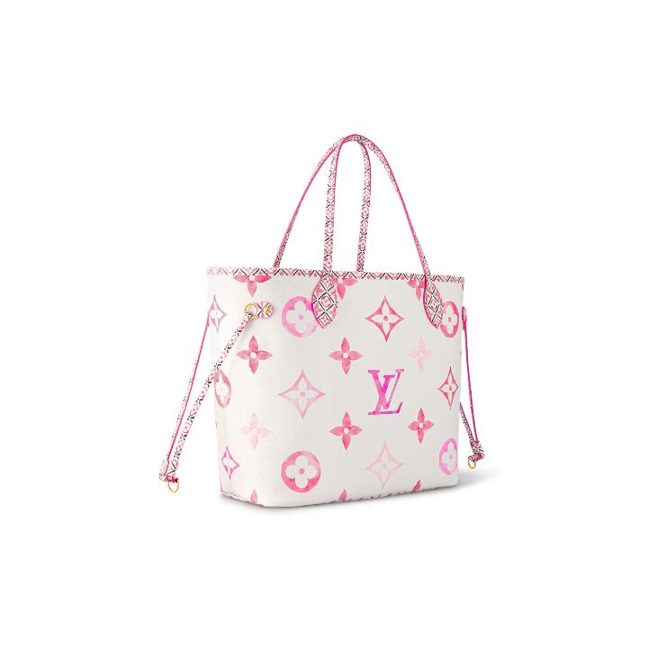 LOUIS VUITTON NEVERFULL 夏日限定水彩系列 字母图案印花 涂层帆布 托特包Tote包购物袋手提包 中号 女款 白色/粉色