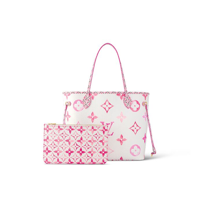 LOUIS VUITTON NEVERFULL 夏日限定水彩系列 字母图案印花 涂层帆布 托特包Tote包购物袋手提包 中号 女款 白色/粉色