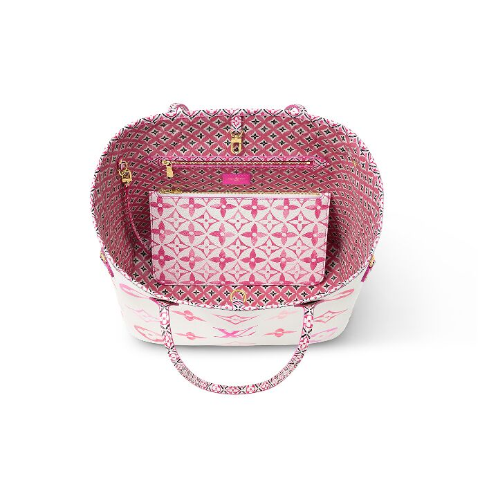 LOUIS VUITTON NEVERFULL 夏日限定水彩系列 字母图案印花 涂层帆布 托特包Tote包购物袋手提包 中号 女款 白色/粉色