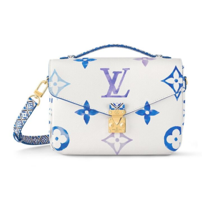 LOUIS VUITTON Pochette Metis 夏日限定水彩系列 可拆卸调节肩带S-lock锁扣帆布斜挎单肩包 中号 女款 白色/蓝色 FW23系列