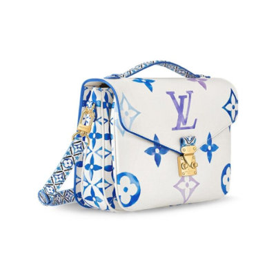 LOUIS VUITTON Pochette Metis 夏日限定水彩系列 可拆卸调节肩带S-lock锁扣帆布斜挎单肩包 中号 女款 白色/蓝色 FW23系列