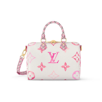 LOUIS VUITTON SpeedyBandoulière 25 限定水彩系列 可拆卸可调节肩带 涂层帆布 单肩斜挎手提包 女款 白色/粉色