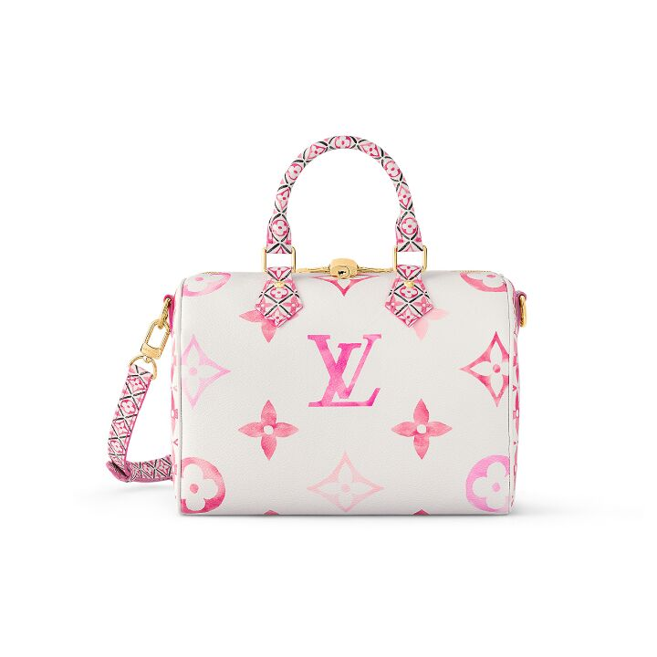 LOUIS VUITTON SpeedyBandoulière 25 限定水彩系列 可拆卸可调节肩带 涂层帆布 单肩斜挎手提包 女款 白色/粉色