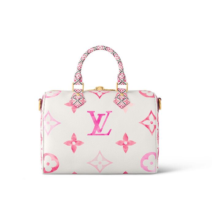 LOUIS VUITTON SpeedyBandoulière 25 限定水彩系列 可拆卸可调节肩带 涂层帆布 单肩斜挎手提包 女款 白色/粉色
