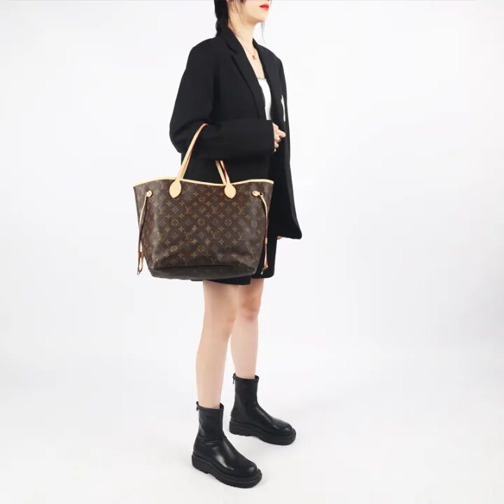 LOUIS VUITTON NEVERFULL GM 经典老花配色 涂层帆布拼牛皮 子母包Tote包购物袋手提单肩包 大号 女款 棕色 #浅褐色条纹内里#