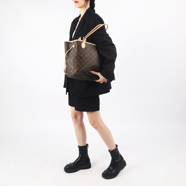 LOUIS VUITTON NEVERFULL GM 经典老花配色 涂层帆布拼牛皮 子母包Tote包购物袋手提单肩包 大号 女款 棕色 #浅褐色条纹内里#