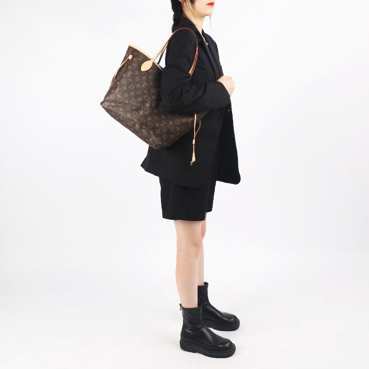 LOUIS VUITTON NEVERFULL GM 经典老花配色 涂层帆布拼牛皮 子母包Tote包购物袋手提单肩包 大号 女款 棕色 #浅褐色条纹内里#