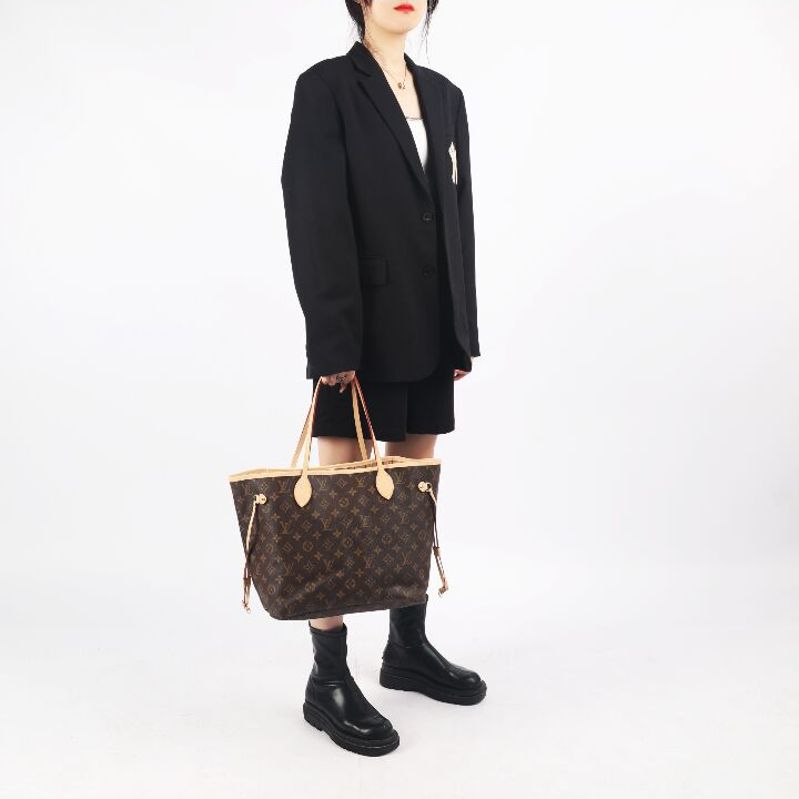 LOUIS VUITTON NEVERFULL GM 经典老花配色 涂层帆布拼牛皮 子母包Tote包购物袋手提单肩包 大号 女款 棕色 #浅褐色条纹内里#
