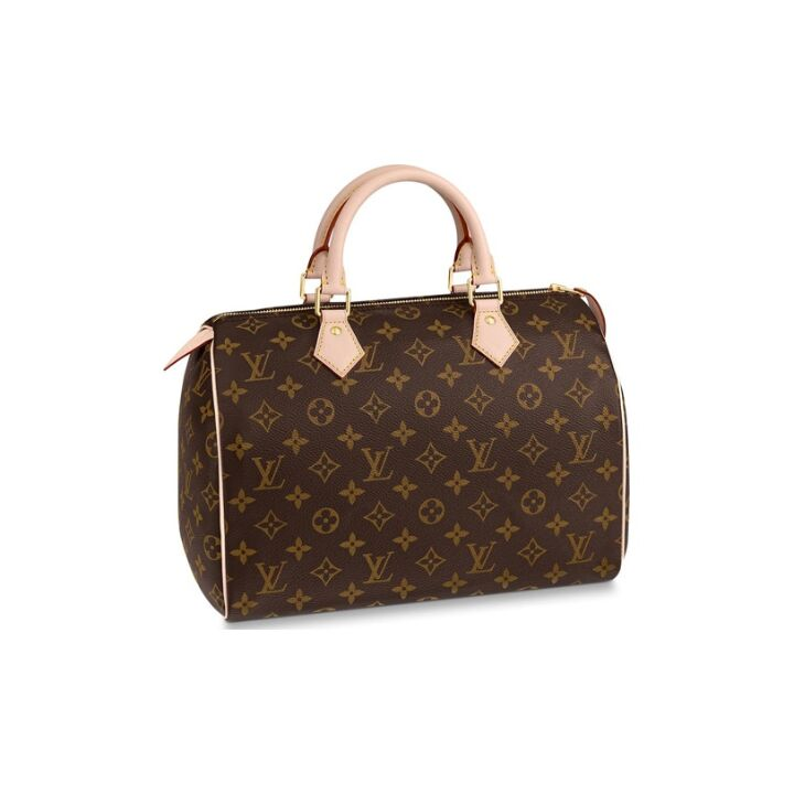 LOUIS VUITTON Speedy 30 优雅小巧时尚金色五金经典老花 涂层帆布拼牛皮革饰边 枕头包手提包 30 女款 棕色