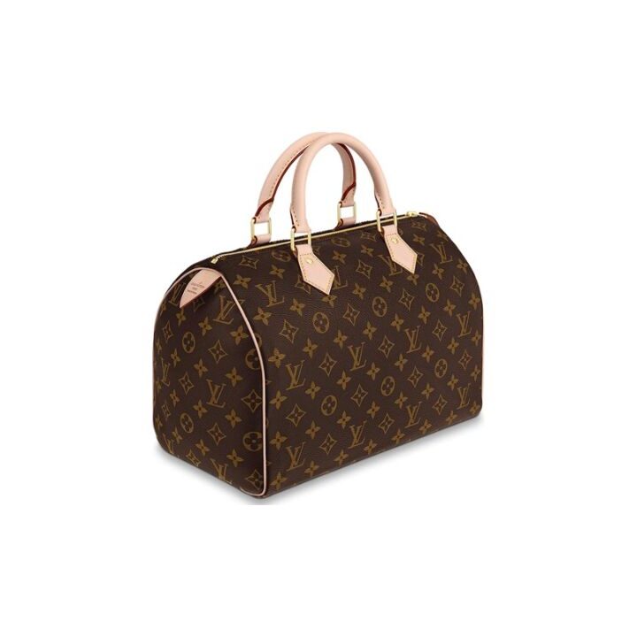 LOUIS VUITTON Speedy 30 优雅小巧时尚金色五金经典老花 涂层帆布拼牛皮革饰边 枕头包手提包 30 女款 棕色