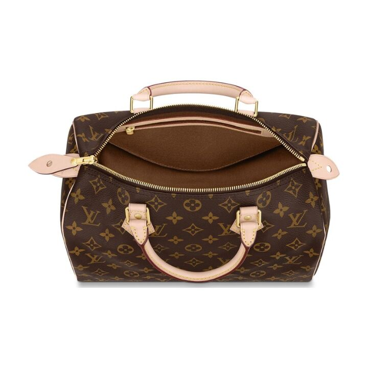 LOUIS VUITTON Speedy 30 优雅小巧时尚金色五金经典老花 涂层帆布拼牛皮革饰边 枕头包手提包 30 女款 棕色