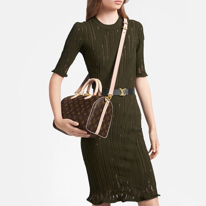 LOUIS VUITTON Speedy 30 标志性造型翻卷手柄刻字挂锁可拆卸调节肩带 涂层帆布拼光滑牛皮 枕头包单肩斜挎手提包 女款 棕色