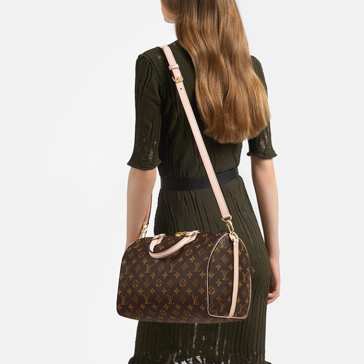 LOUIS VUITTON Speedy 30 标志性造型翻卷手柄刻字挂锁可拆卸调节肩带 涂层帆布拼光滑牛皮 枕头包单肩斜挎手提包 女款 棕色