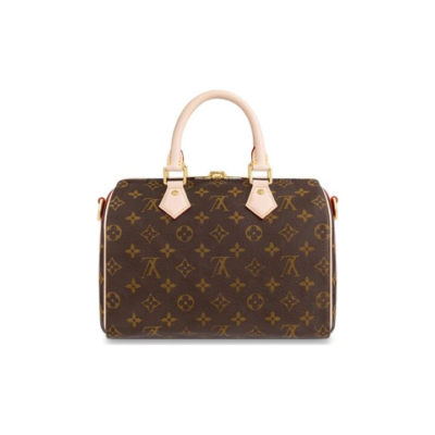 LOUIS VUITTON Speedy 系列 25 可拆卸可调节肩带 经典老花满印 涂层帆布拼牛皮饰边 枕头包单肩斜挎手提包 女款 棕色