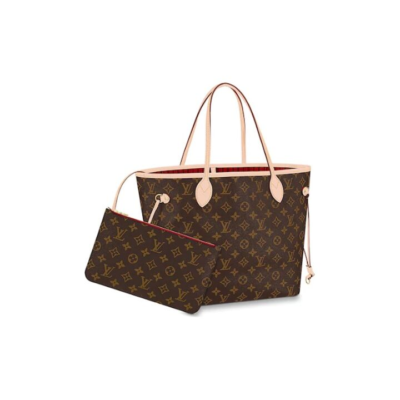LOUIS VUITTON NEVERFULL MM 老花配色 涂层帆布拼牛皮饰边 托特包Tote包购物袋单肩手提包 中号 女款 棕色 #正红色内里#