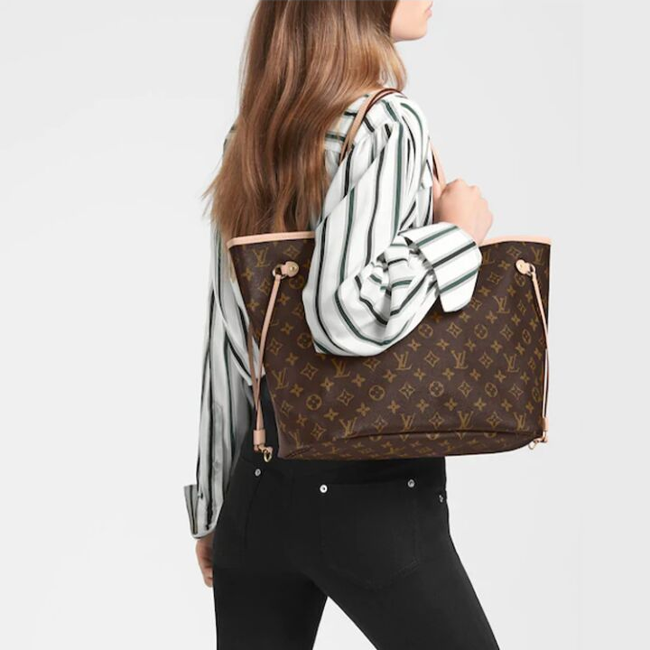 LOUIS VUITTON NEVERFULL MM 老花配色 涂层帆布拼牛皮饰边 托特包Tote包购物袋单肩手提包 中号 女款 棕色 #正红色内里#