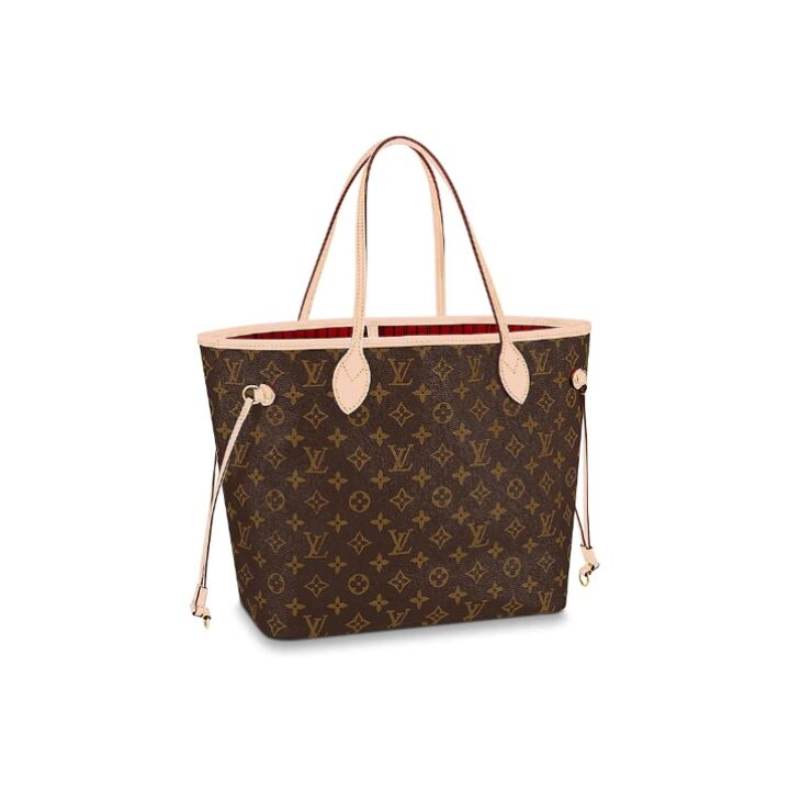 LOUIS VUITTON NEVERFULL MM 老花配色 涂层帆布拼牛皮饰边 托特包Tote包购物袋单肩手提包 中号 女款 棕色 #正红色内里#