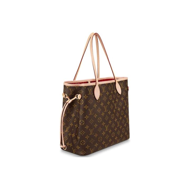 LOUIS VUITTON NEVERFULL MM 老花配色 涂层帆布拼牛皮饰边 托特包Tote包购物袋单肩手提包 中号 女款 棕色 #正红色内里#