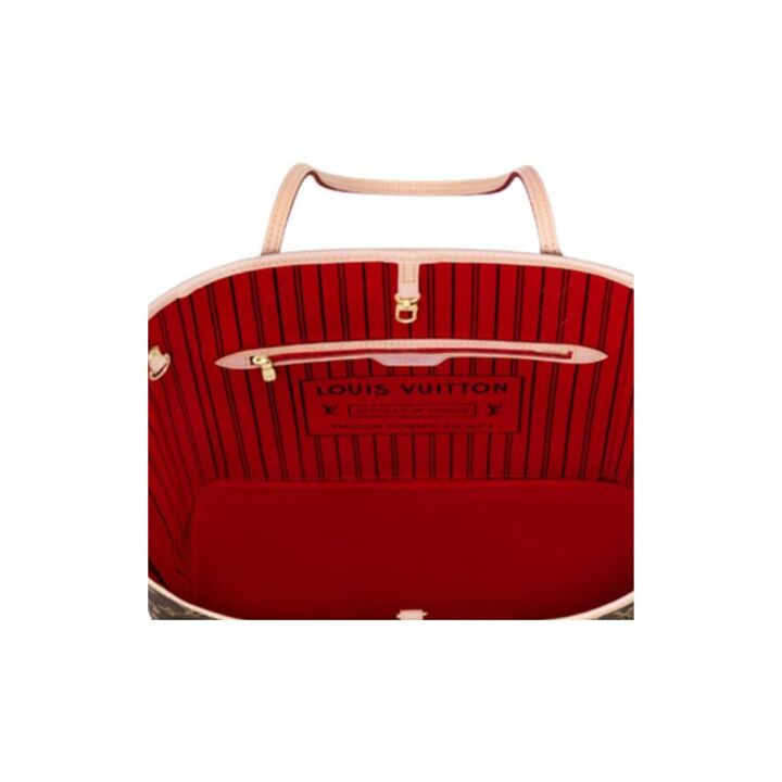LOUIS VUITTON NEVERFULL MM 老花配色 涂层帆布拼牛皮饰边 托特包Tote包购物袋单肩手提包 中号 女款 棕色 #正红色内里#