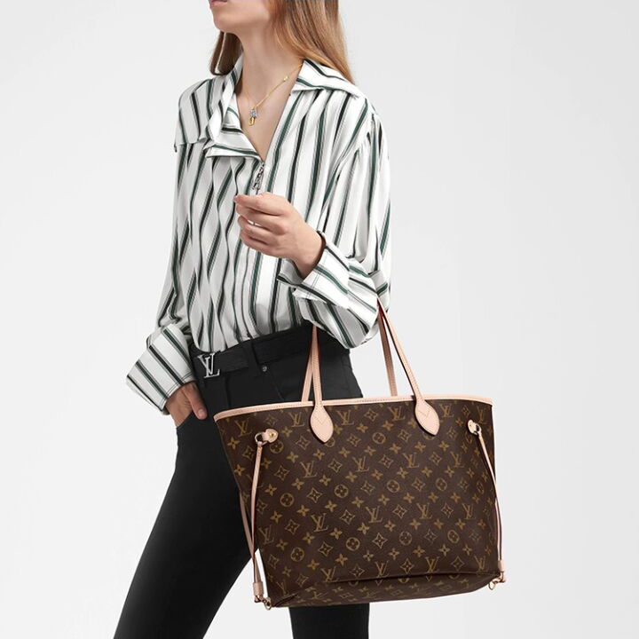 LOUIS VUITTON NEVERFULL MM 老花配色 涂层帆布拼牛皮饰边 托特包Tote包购物袋单肩手提包 中号 女款 棕色 #正红色内里#