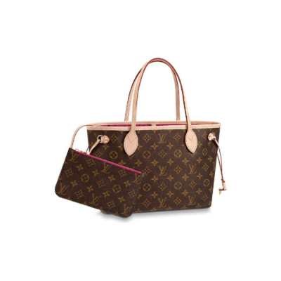 LOUIS VUITTON NEVERFULL PM 老花涂层 帆布拼牛皮 子母包Tote包购物袋手提单肩包 小号 女款 棕色 #粉色内里#