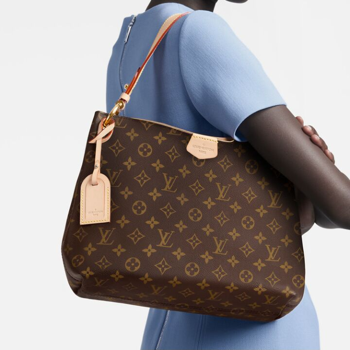 LOUIS VUITTON Graceful MM 经典老花满印磁扣开合 涂层帆布拼牛皮革饰边 单肩包手提包 中号 女款 棕色老花