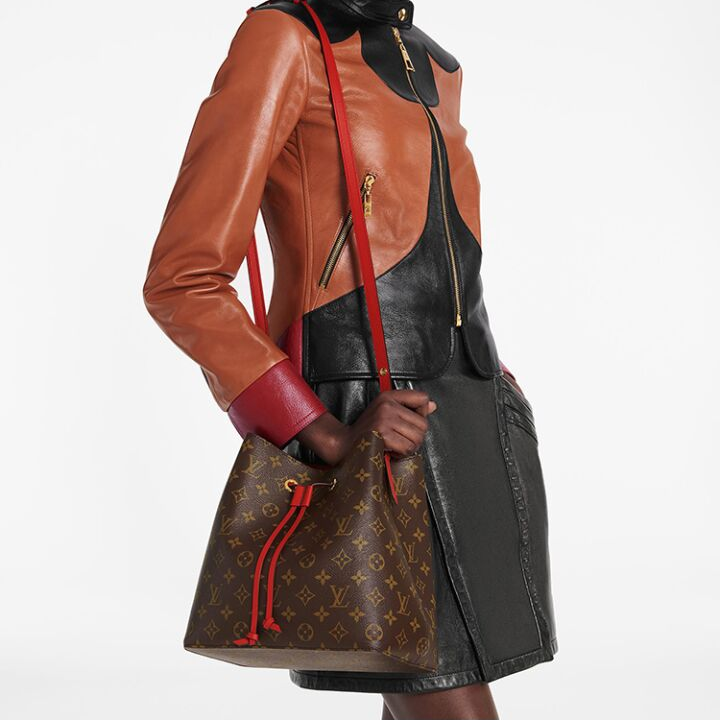 LOUIS VUITTON NONO 经典老花 帆布拼牛皮饰边 水桶包束绳包 手提单肩斜挎包 女款 棕色/ 红色