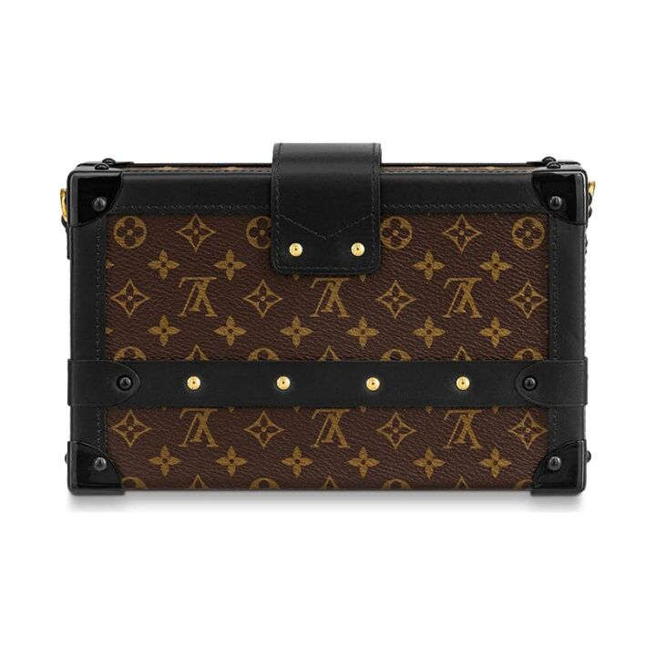 LOUIS VUITTON PETITE MALLE 经典老花金属件S-lock锁扣 涂层帆布拼小牛皮 盒子包手拿单肩斜挎手提包 女款 黑色/棕色