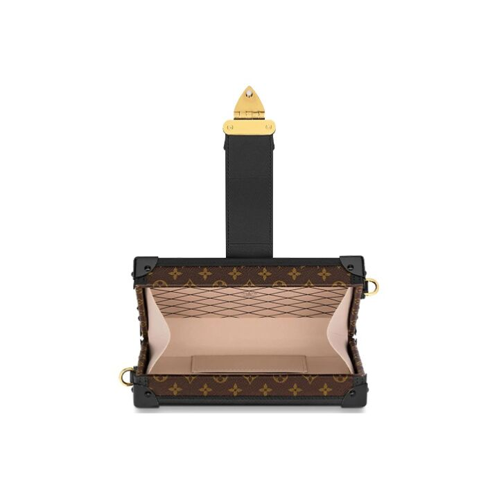 LOUIS VUITTON PETITE MALLE 经典老花金属件S-lock锁扣 涂层帆布拼小牛皮 盒子包手拿单肩斜挎手提包 女款 黑色/棕色