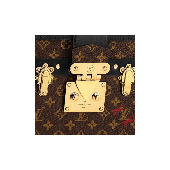 LOUIS VUITTON PETITE MALLE 经典老花金属件S-lock锁扣 涂层帆布拼小牛皮 盒子包手拿单肩斜挎手提包 女款 黑色/棕色
